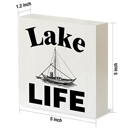 Country Lake Wood Box Sign Rustic Lake Boat Wooden Box Sign Decorative Sign Block Plaque For Home Cabin Desk Table Shelf Decor 5"X 5" #TOP1