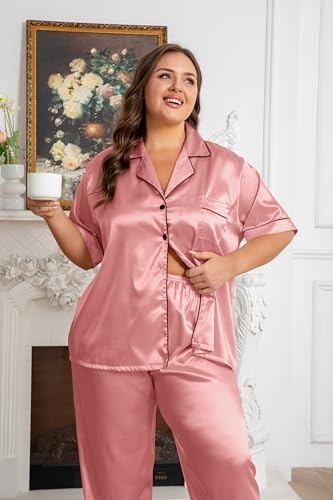 Image of Vozanet Women's Button Down Satin Pajama Sets Silky Short Sleeve Top & Pants Plus Size Loungewear Classic Sleepwear XL to 5XL