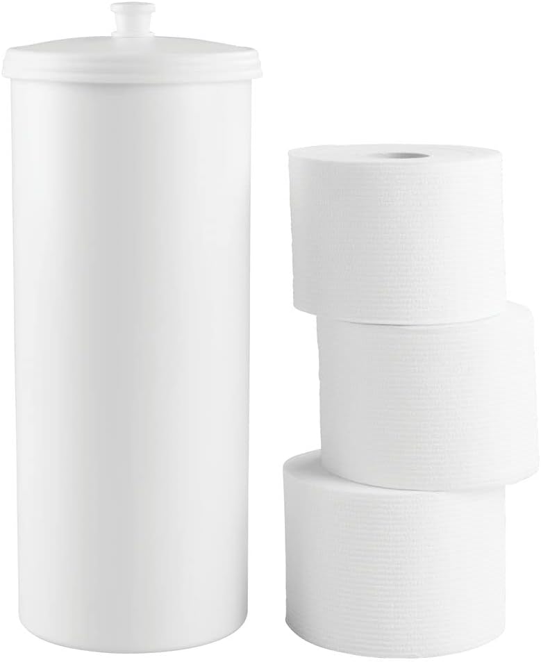 mDesign Modern Plastic Bathroom Storage and Cleaning Accessory Set - Includes Toilet Plunger, Bowl Brush, 3-Roll Toilet Paper Canister with Lid, Wastebasket Trash Can/Garbage Bin - 4 Piece Set - White