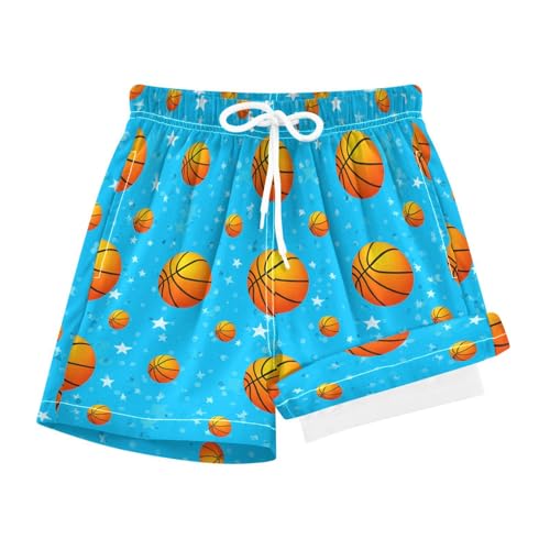 YANENDIE Boy Swim Trunks with Compression Liner Basketballs Pattern Boys Swim Shorts Quick Dry Beach Shorts