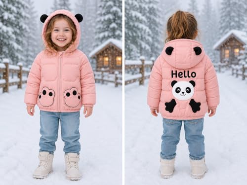 Image of Bold N Elegant Cartoon Bear Kids Shiny Sparkling Quilted Winter Warm Standard Length Wool Blend Hood Jacket Coat Bomber Puffer Jacket for Boys Girls Kids