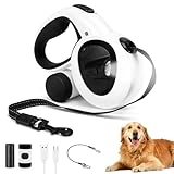 COSOWO Retractable Dog Leash with USB Rechargeable LED Light, 16 ft Heavy Duty Dog Lead with Poop Bag Holder & Steel Cable, Leash for Small Medium Large Dogs, White