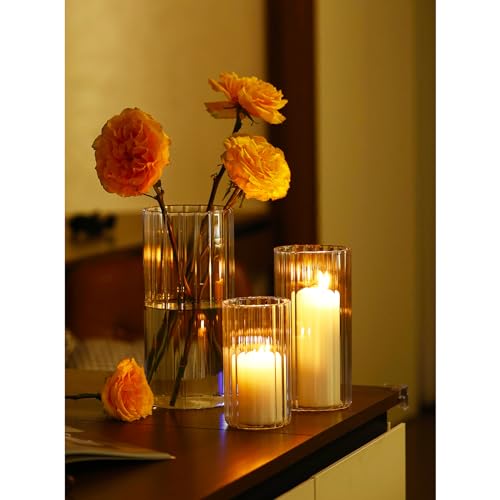 PHOSPHOR Cylinder Glass Candle Holder 6'', 8'', 10'', Hurricane Candle Holder for Pillar Candle Clear Glass Cylinder Centerpieces Glass Vases Floral Room Decor 3 Pieces