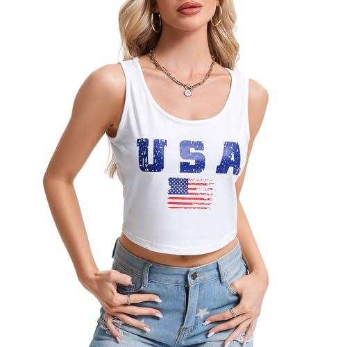 LEACOOLKEY Women's American Flag Crop Tank 4th of July Patriotic Sleeveless Tee Tops