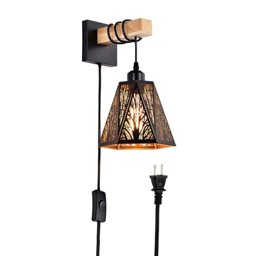 Plug in Sconce,Forest Tree Matte Black Metal Rustic Wall Sconces,1
