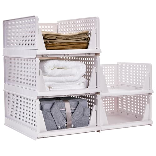 NIKONIKO Foldable wardrobe storage basket,multifunctional stackable storage basket,plastic storage drawer,wardrobe organizer,used for clothing storage,bedroom,kitchen, office,bathroom (White-L- 5PCS) by NIKONIKO - Used condition - CA$22.87