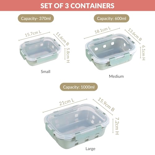 Image of Nestasia Gripso Glass Containers Set of 3 with Silicone Sleeve & Locking Lid (370ml, 600ml, 1000ml), Rectangle Food Storage Containers for Kitchen | Microwave, Dishwasher & Freezer Safe (Green)