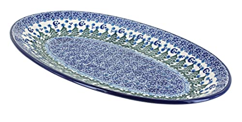 Blue Rose Polish Pottery - Blue Evergreen Magic Oval Platter - 14.5" x 8.5" - Ceramic Serving Platter, Festive Design, Unique Christmas Gift