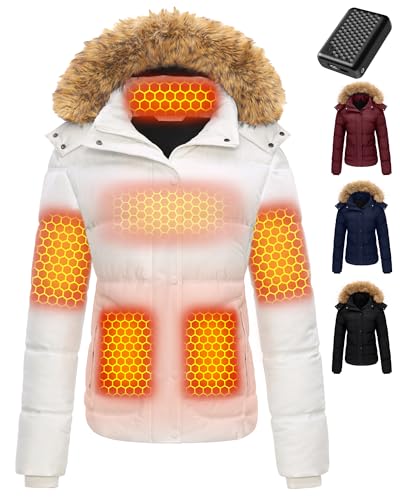 Women Short Heated Jacket Battery Pack Included Puffy Warm Coat Christmas Xmas Birthday Gift Work...