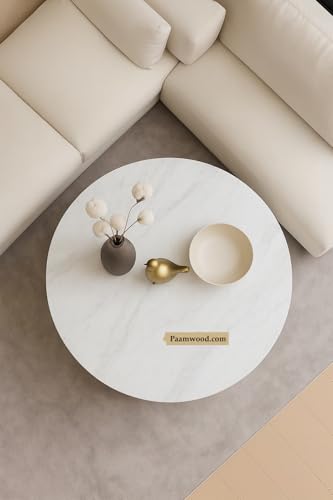 Image of Modern Round Centre Table - 76x76x46 cm | White Marble Top with Gold Accent Strip & Charcoal Louvers | Luxury Coffee & Tea Table for Living Room, Lounge & Entryway (Ivery)