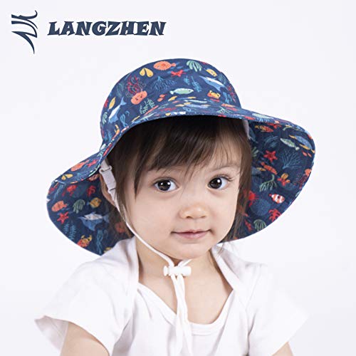 Image of LANGZHEN Sun Protection Hat for Kids Toddler Boys Girls Wide Brim Summer Play Hat Cotton Baby Bucket Hat with Chin Strap