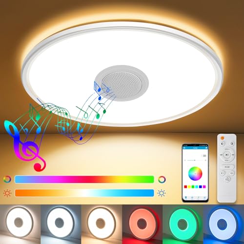 LIFOCI Lampara LED Techo con Altavoz Bluetooth, 24W 3200LM 29CM Plafon LED Regulable con RGB y Musica con Mando y APP, Luces LED Techo Para Dormitorio, Habitaciones Infantiles, Sala de Estar, Baño