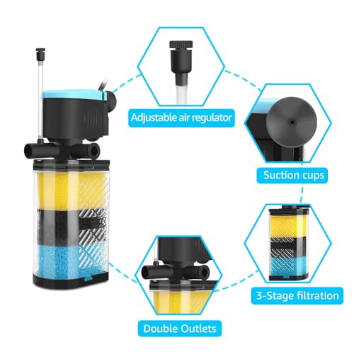 Image of Aquarium Filters - 3-Stage Aquarium Filter in-Tank Filter Internal Filter Fish Tank Filter Turtle Filter for 10-40 Gallon Fish Tanks with Dual Water Outlet and Aeration