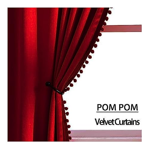 Image of Amazon Brand - Umi Velvet Eyelet Door Curtains with pom pom Lace for Living Room Bedroom Kitchen 1 pc Pack in Red Color (Door - 4 feet x 7 feet)