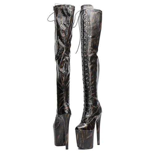 WUXIN H&P Women's Over The Knee Pole Dance Thigh High Heel Boots Black Sexy Snake Pattern Platform Zip Lace Up Fashion Party Round Toe Stiletto 8 inch Exotic Heels3