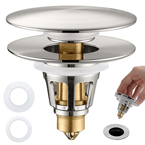 PerPaiMe 3-in-1 Universal Bathroom Sink Stopper - Brushed Nickel Pop Up Sink Drain Stopper Brass Bounce Bullet Core Sink Stopper Replacement Wash Basin Drain Filter Plug with Anti-Clogging Strainer