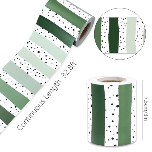 Image of Whaline 32.8 Ft Classroom Bulletin Board Borders, Gradient Sage Green Color | Dot Stripe Die-Cut Rolled Border Trim, for Back to School Chalkboard Wall Decoration