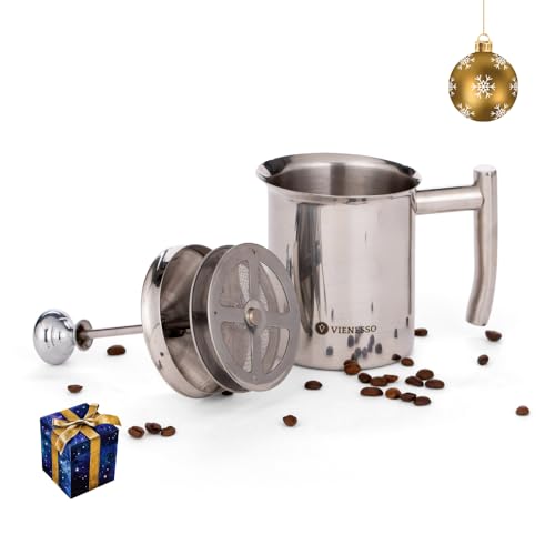 VIENESSO Milchaufschäumer manuell aus Edelstahl I Hand Milchschäumer mit Doppel-Mesh-Sieb für cremigen Milchschaum I 400 ml Milk Frother für Cappuccino & Latte – spülmaschinenfest inkl. Barista E-Book