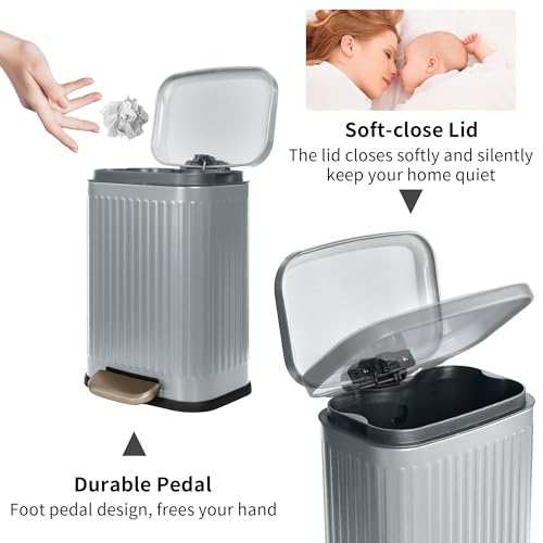 Image of 3.4Gallon Kitchen Trash Can Foot Pedal Trash Bin Stainless Steel Waste Bin Double Barrel Soft Close for Office, Living Room Bedroom with Inner Bucket(Color:Grey)