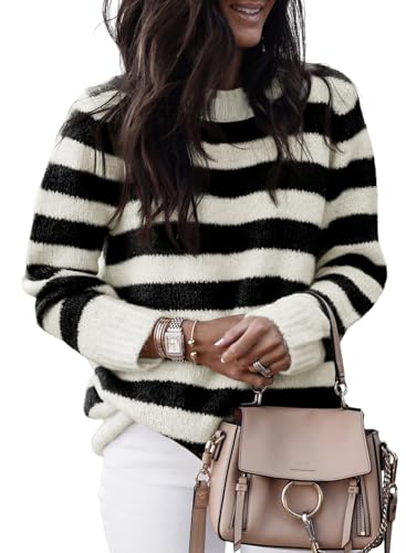 Dokotoo Womens Oversized Sweaters Wool Crew Neck Striped Color Block Casual Loose Knitted Tops Cute Cashmere Chunky Knit Sweaters Fall Clothes for Women 2025 Black X-Large