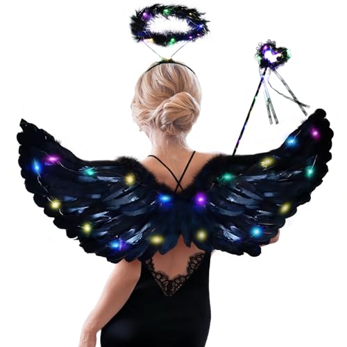 Fancysky Costume d'ange pour Femme, Ailes d'ange Costume de fête Fancy Dress, Ailes de Fée Lumineuses à LED, auréole et Baguette Magique, pour Carnaval,...