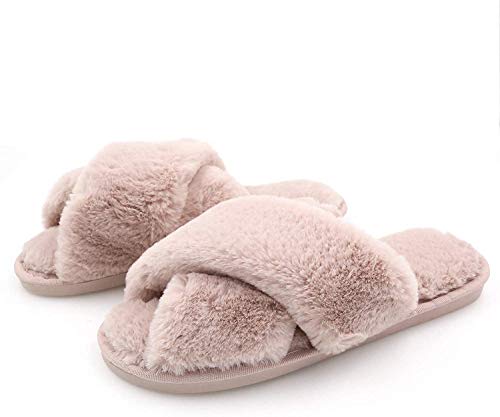 The Season Essentials U-slide Women’s Cross Band Soft Plush Fluffy Furry Fleece House Indoor or Outdoor Ladies’ Slide Slippers (Powder Pink, Large/9-10)