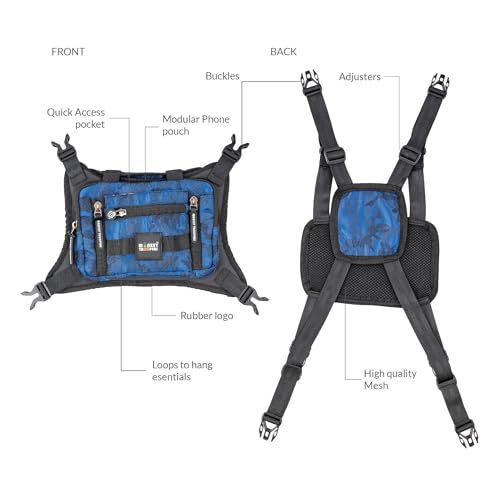 Image of MONKEY TROOPERS Torque Magnetic Chest Bag for Biking, 2L, Blue Camo | Magnetic Tank-Mount Harness, Touch-Sensitive Phone Pocket, Detachable Front Pouch, Organiser Pockets