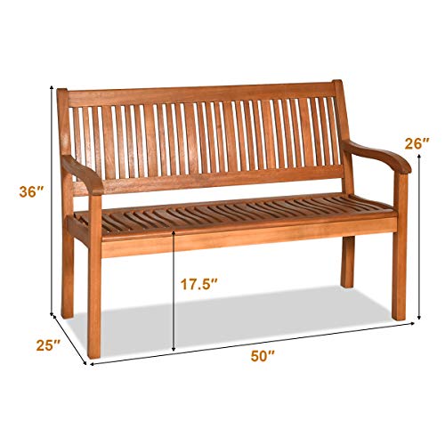 Safstar Outdoor Wooden Bench, Eucalyptus Wood Garden Bench with Curved Armrest and Backrest, 2-Person Loveseat for Entry Way Porch Garden, Strong Weight Capacity of 700lbs