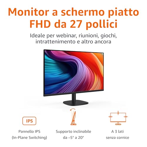 Amazon Basics Monitor da 27", FHD 1080p, massimo 100 Hz, compatibile con VESA, altoparlanti integrati, Nero - Immagine 1