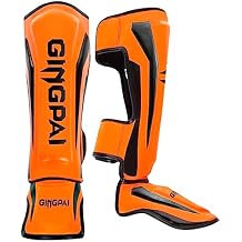 UNBOSTEN Shin Guards Kickboxing Muay Thai,Tear-Resistant PU Leather,MMA Leg Instep Protection Pads, Sparring Training Martial Arts Boxing, Elasticated Padded Protector-Orange||M
