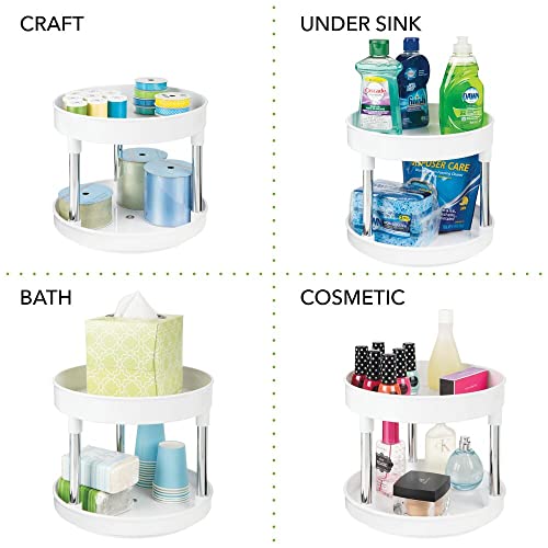 Mdesign 2 Tier Lazy Susan Turntable Food Storage Container For Cabinets, Pantry, Fridge, Countertops - Raised Edge, Spinning Organizer For Spices, Condiments - 9" Round - White/Chrome #TOP2