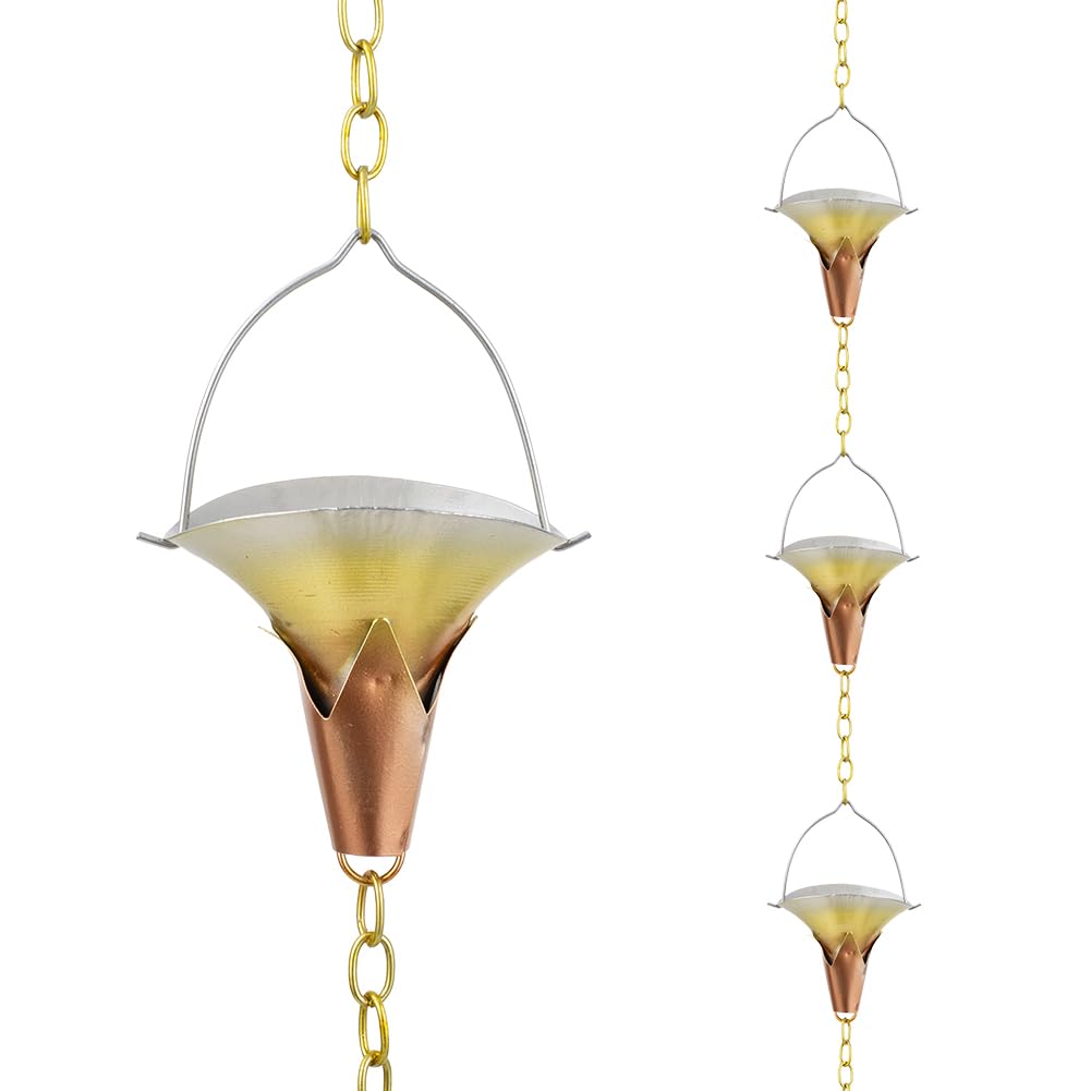 Qipade 8.5 FT Rain Chain, Metal Rain Gutter Chains with 10 Morning Glory Shaped Cups, Adjustable Metal Rain Catcher Chain for Eaves Drainage, Replacement for Downspout