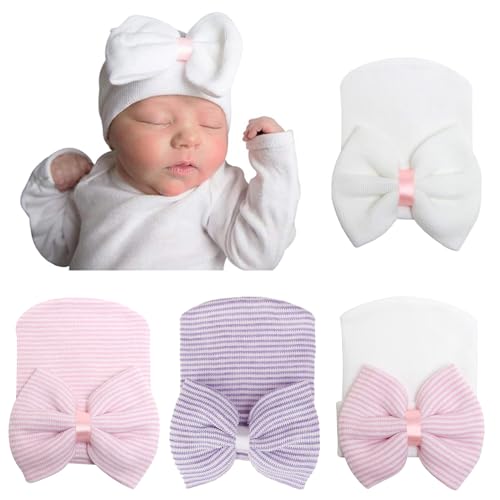 Image of Newborn Baby Girl Hats with Bow No Scratch Cotton Toddler Infant Hat Beanie Caps Soft Newborn Hospital Hat 0-3 Months