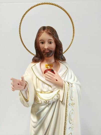 ArteSacraCaravaggio Statua di Gesù Sacro Cuore cm 37 all'aureola (14,56 inches) in vetro resina, con occhi in vetro decorata a mano di produzione artigianale