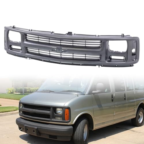 Image of LOSTAR Front Upper Bumper Cover Grille & Skid Plate Primed Fit for 1996-2002 Chevy Express 1500 2500 3500, Replaces GM1200384 - Seal Beam Headlight Van Models