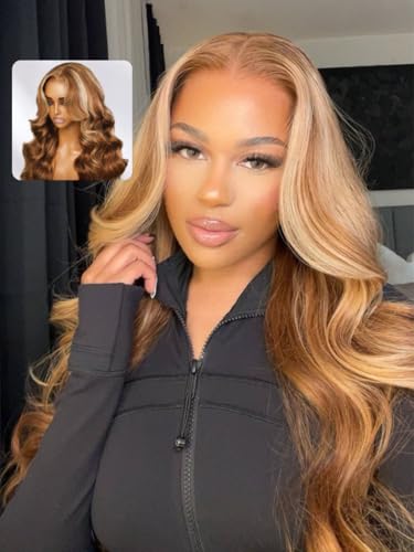 Image of Beauty Forever Bye Bye Knots Honey Blonde Highlight Glueless Wig Pre Plucked Pre Cut 3D Body Wave 7x5 Lace Front Wig Human Hair HD Lace Closure Wig Pre Bleached for Women 150% Density 20 Inch
