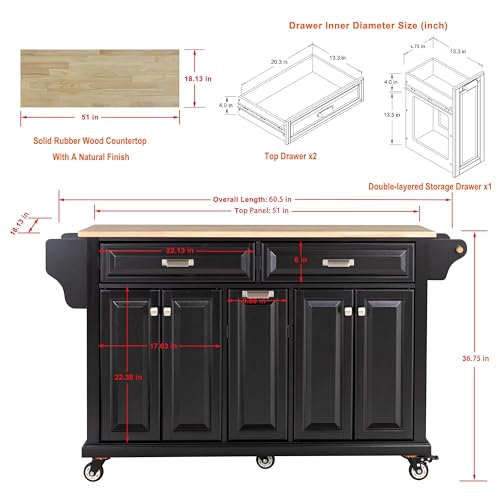 Mobile-Kitchen-Island-with-Storage-Cabinet-and-Drawers-Rolling-Kitchen-Island-Cart-on-Wheels-with-Rubberwood-Countertop-for-Kitchen-L605-x-W1813-x-H3675IN-Black Mobile Kitchen Island with Storage Cabinet and Drawers Rolling Kitchen Island Cart on Wheels with Rubberwood Countertop for Kitchen L605 x W1813 x H3675IN Black