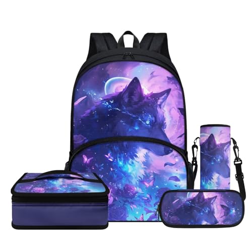 Wolf Theme Backpack for Boys 6-8 10-12 Funny Animal Bookbag Set with Lunch Box Pencil Case Kids School Bag Water Bottle Sleeve Elementary Kindergarten Preschool Rucksack Daypack