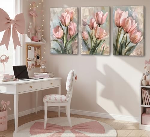 Image of 3 Pcs Vintage Pink Tulips Flowers Canvas Wall Art Retro Spring Pink and Green Floral Botanical Paintings Pictures Wall Decor Poster Print Artwork for Living Room Bedroom Home Decoration
