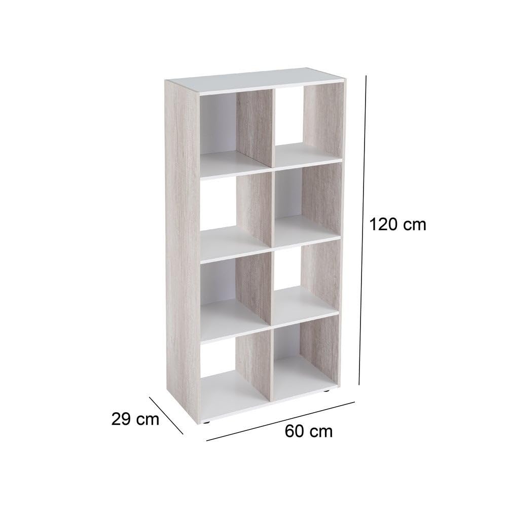 Estantería Cubo 8 huecos de laminado blanco y roble claro de 120x60x30 cm | Tablero laminado de 12 mm. Soporta 10 kg por balda. Patas regulables en altura. Medida interior de cada hueco: 28x29x28 cm