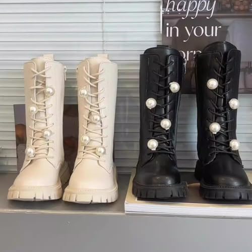 TangDao Little Girls Knitted Leather Lace-Up Knee High Winter Boots Fashion Black Mid Calf Combat Riding Boots (Toddler/Little Kid/Big Kid)4