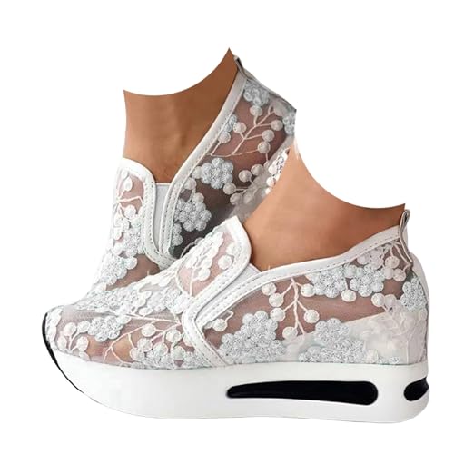Fashion Sneakers for Women 2025, Floral Embroidery Breathable Sheer Mesh Lace Slip on Sneakers Orthopedic Lightweight Platform Wedge Sneakers Dressy Casual Walking Stylish Memory Foam Shoes