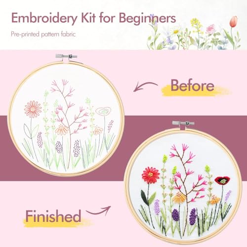 Image of 4 Pack Embroidery kit for Beginners Adults DIY Starter Kit, Cross Stitch Kits with Flower Stamped Patterns, Embroidery Hoop, Tools,Colorful Threads,Step by Step Instructions,Hand Craft Lover Gift