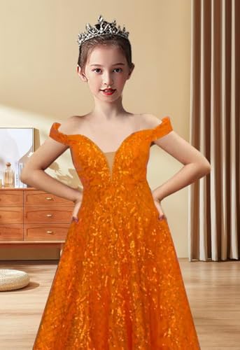 Off Shoulder Sequin Pageant Gowns Floral Flower Girl Dresses Sparkly Lace Applique Ball Gowns for Girls3