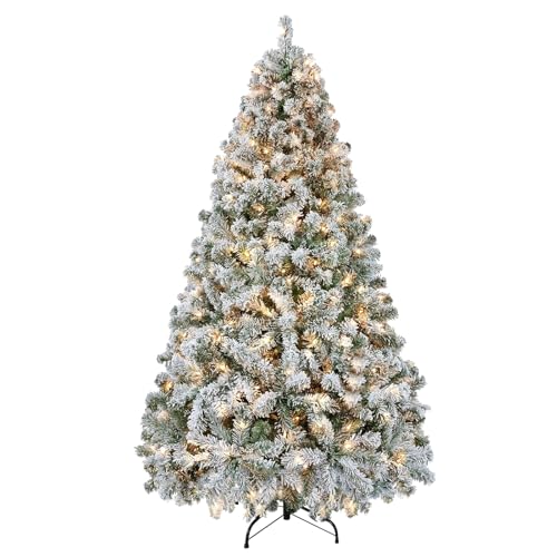 Prelit Snow Flocked Christmas Tree 7.5ft, Warm White LED Artificial Xmas Tree with 1321 Tips, Easy...