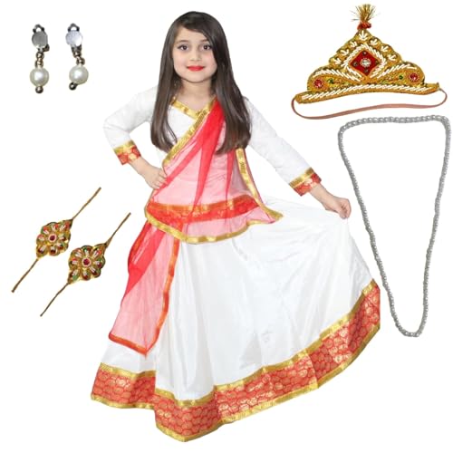 Image of Kaku Fancy Dresses Traditional Radha Costume for Girls - Red & Yellow Lehenga Choli with Dupatta | Indian Mythological Fancy Dress for Janmashtami - 14-17 Years