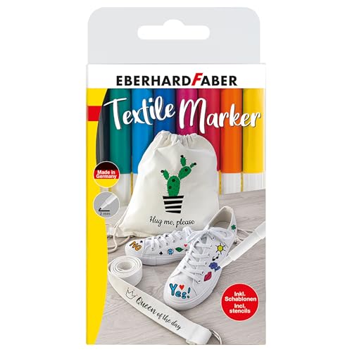 Eberhard Faber 578208 - Textilmarker mit Schablonen, 8 Textilstifte waschmaschinenfest