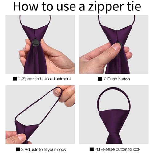 Image of YourTies Zipper Tie for Men Adjustable Pre-tied Satin Neckties and Pocket Square Set Solid Color Business Formal Wedding