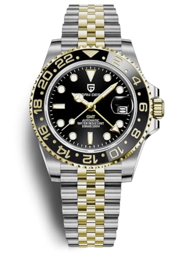 Pagani Design Herrenuhr Automatik Mechanische Uhr GMT Dual-Zeitzone Armbanduhren Edelstahl Zweifarbige Keramiklünette 100M Wasserdicht PD-1662 (5 Gelb Gold)