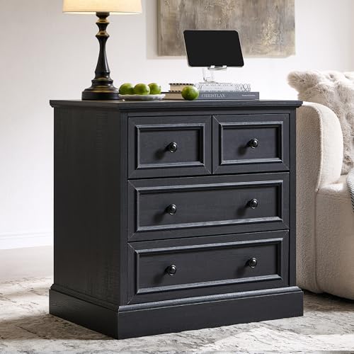 Image of ACCOHOHO Farmhouse Nightstand with 4 Drawers, 26 inch Wide End Table with Storage, Modern Nightstand with Charging Station for Bedroom, Black